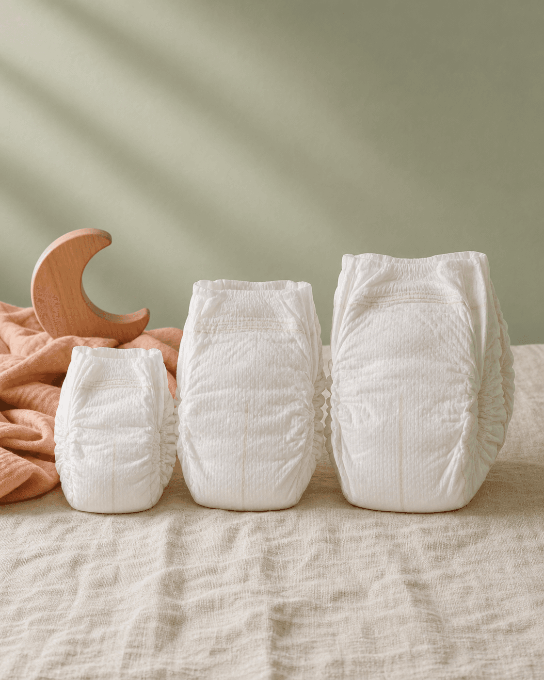 Three diapers in increasing sizes arranged on cream linen