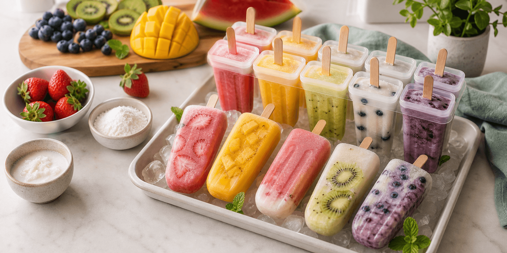 Homemade fruit ice bars with strawberry, mango, kiwi, blueberry, and creamy coconut flavors